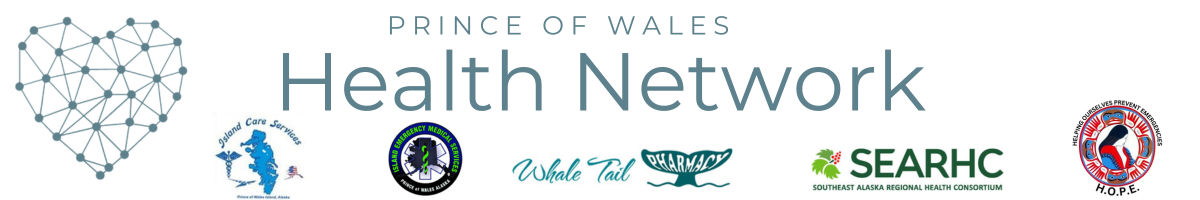 Prince of Wales Health Network wordmark with partner logos for Island Care Services, Whale Tail Pharmacy, SEARHC Southeast Alaska Regional Health Consortium, and H.O.P.E.