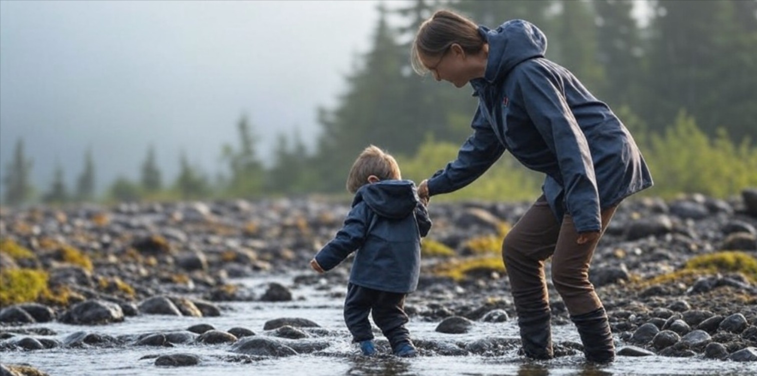 Mother and toddler exploring a shallow stream in the island forest
